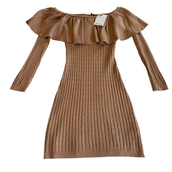 NWT Olivaceous Long Sleeve Bodycon Off Shoulder Sweater Dress Tan Small Cashmere - Picture 2 of 11